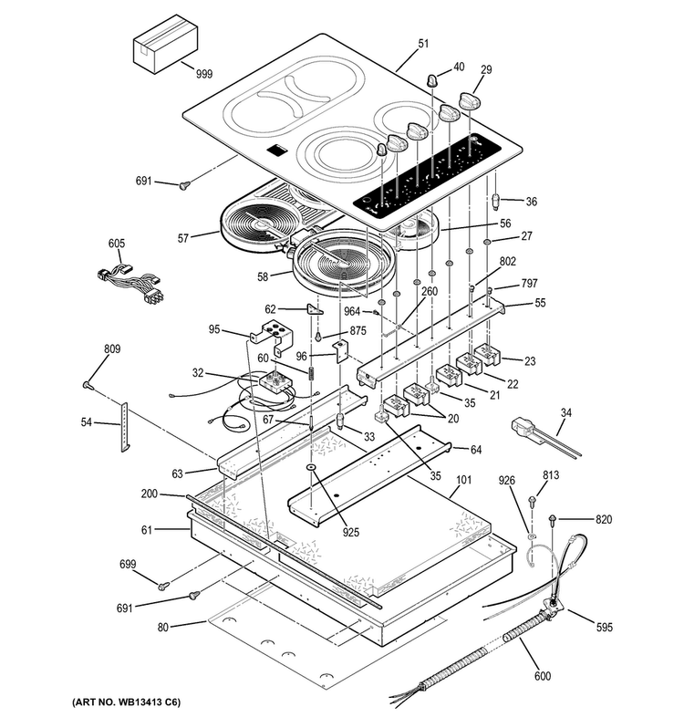 Control Panel & Cooktop Diagram and Parts List for PP932EH1ES  General Electric Cooktop