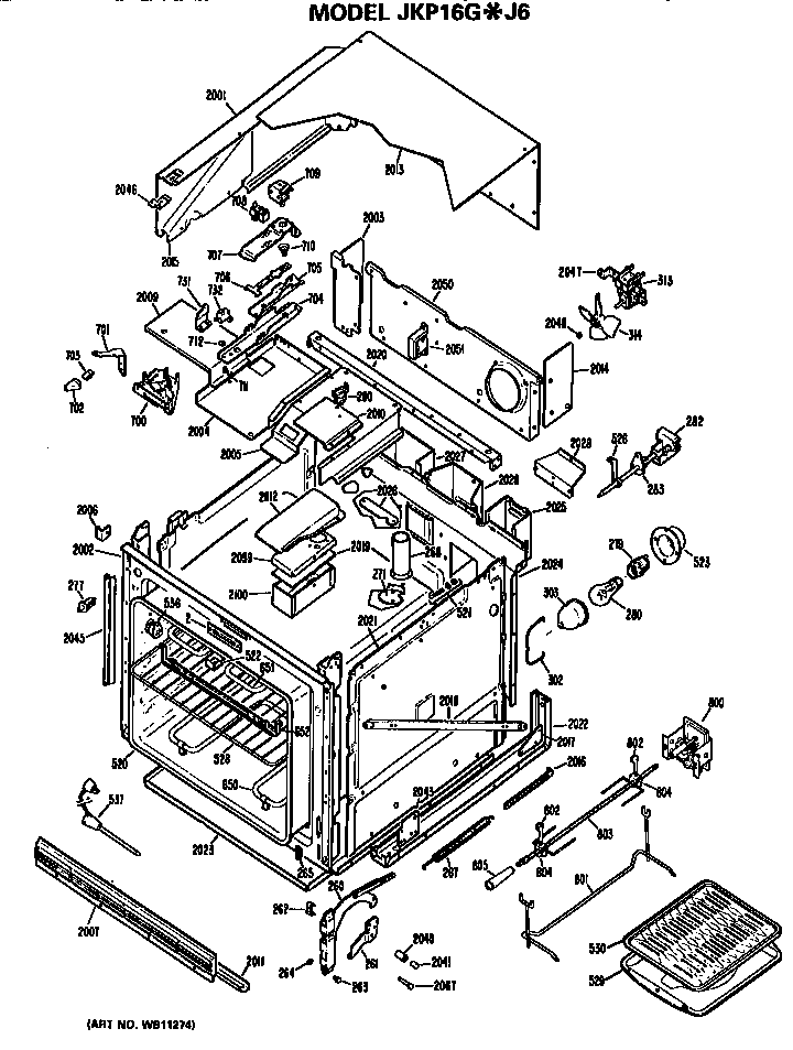 Oven Diagram and Parts List for JKP16GJ6  General Electric Wall Oven
