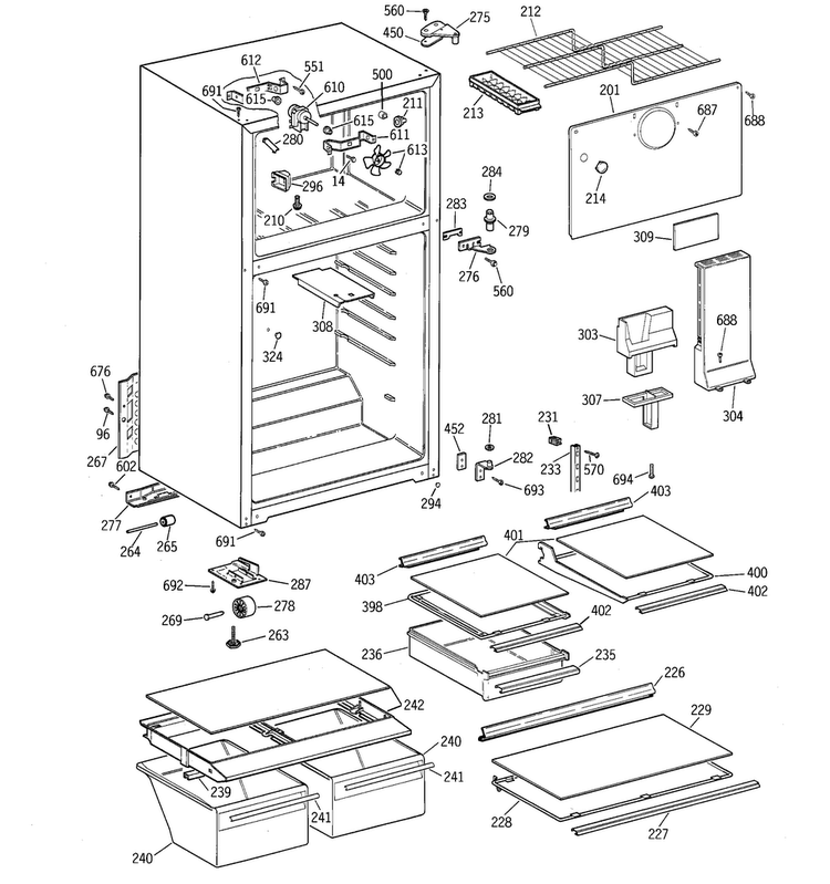 Cabinet Diagram and Parts List for GTT18HBMDRCC  General Electric Refrigerator