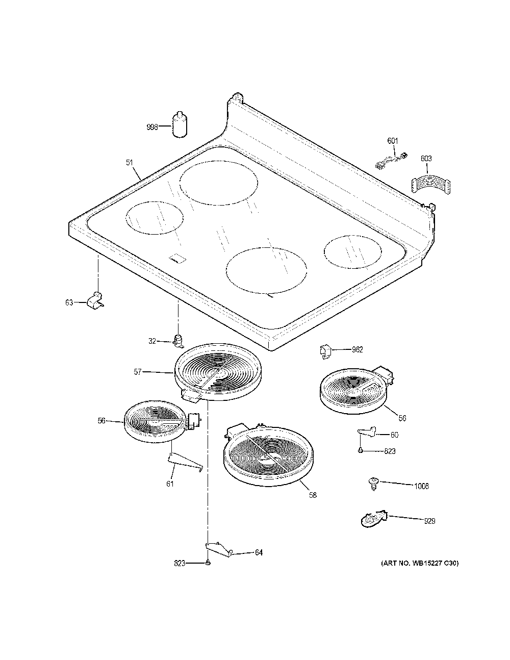 Cooktop Diagram and Parts List for JB625DK6WW  General Electric Range