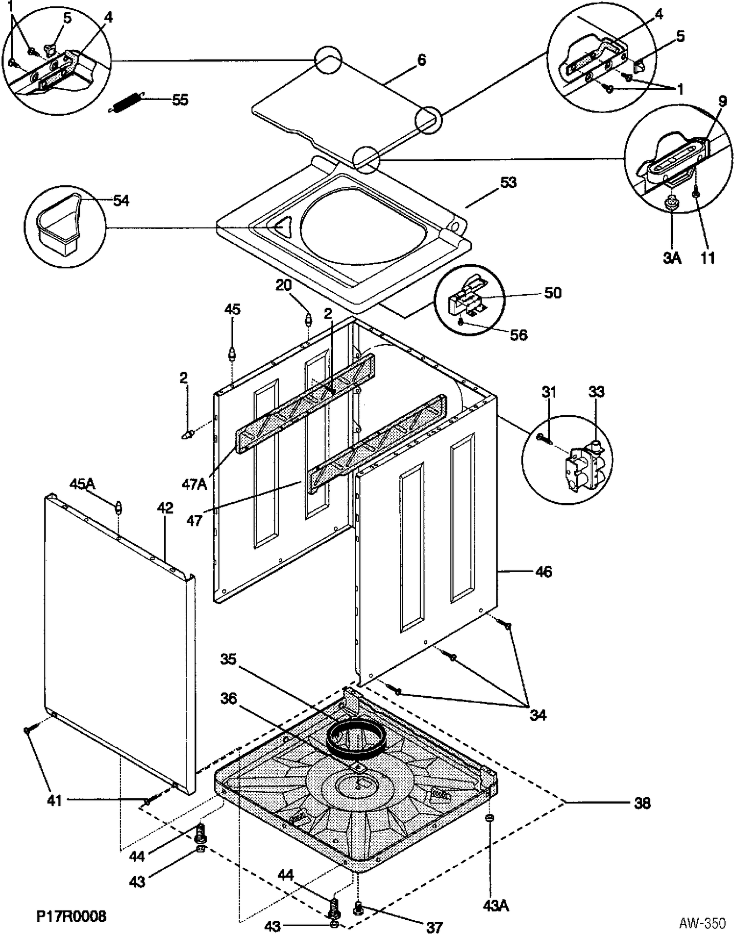 LOWER CABINET / TOP Diagram and Parts List for WSM27TCCWWB  General Electric Washer