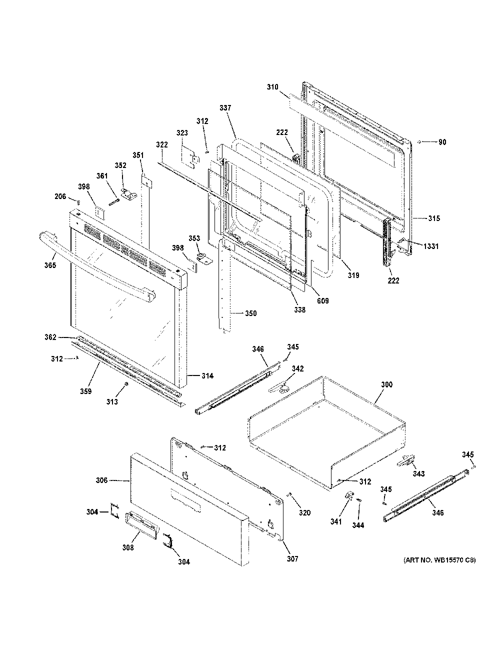 Door And Drawer Parts Diagram and Parts List for JAS640RM4SS  General Electric Range