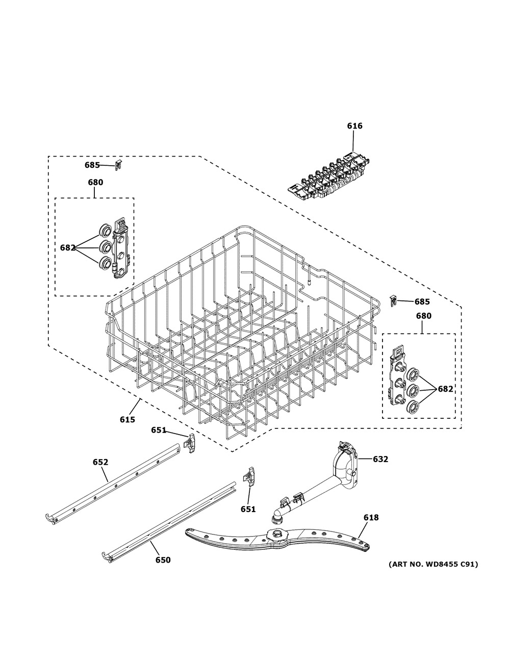 Upper Rack Assembly Diagram and Parts List for GDF550PGR6BB  General Electric Dishwasher