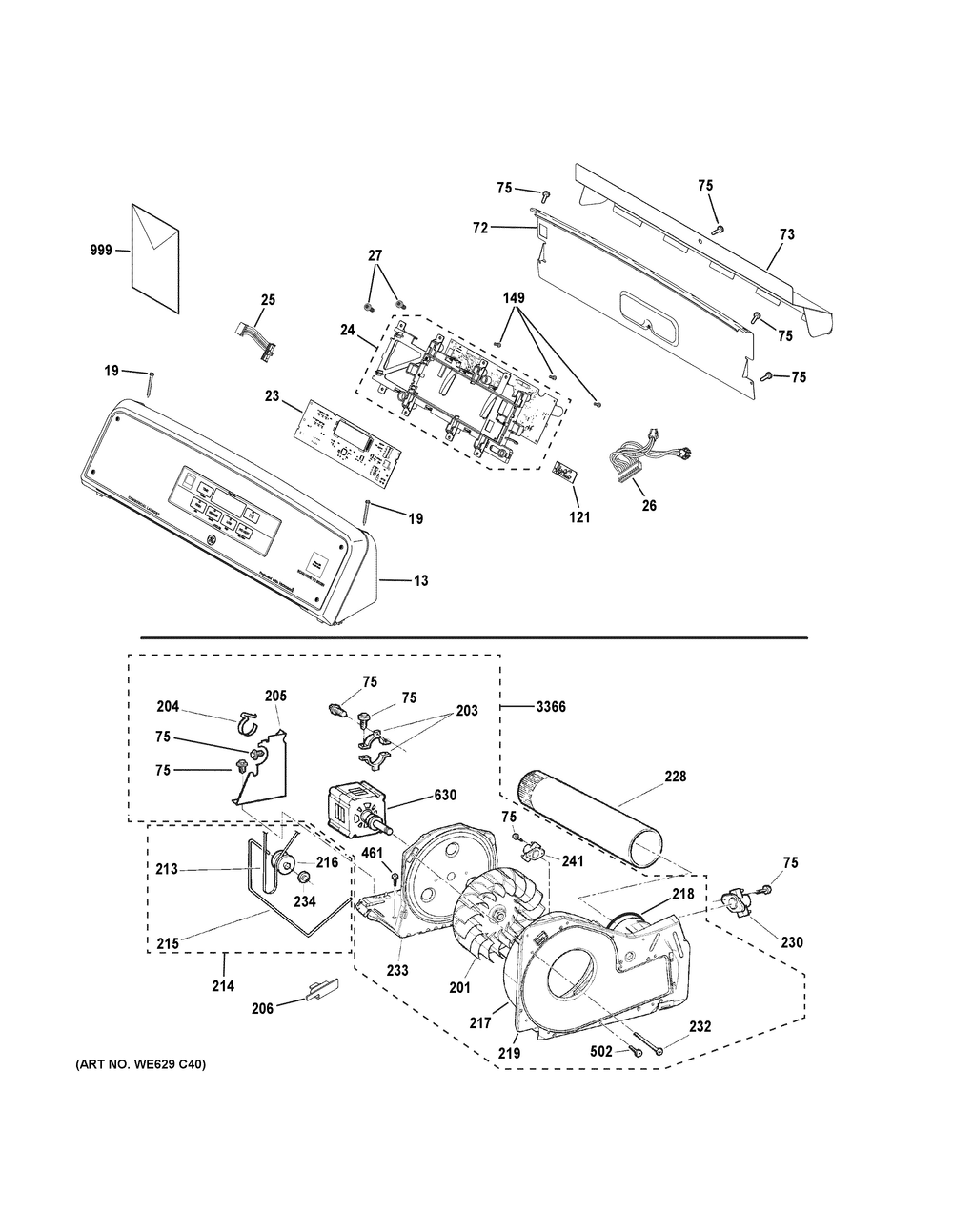 Backsplash, Blower And Motor Assembly Diagram and Parts List for VTD56EASV1WB  General Electric Dryer