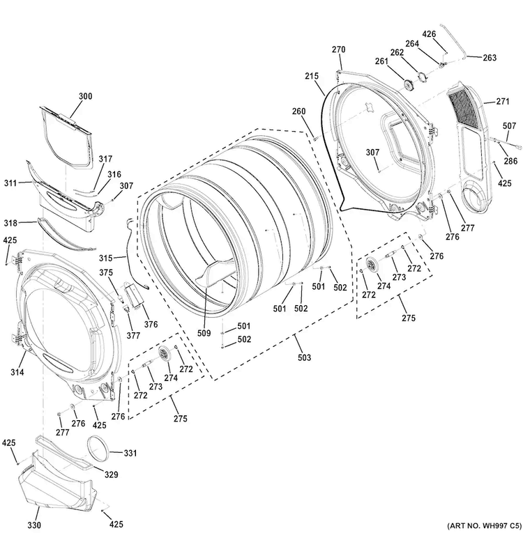 Drum Diagram and Parts List for GFDR275GH1MC  General Electric Dryer
