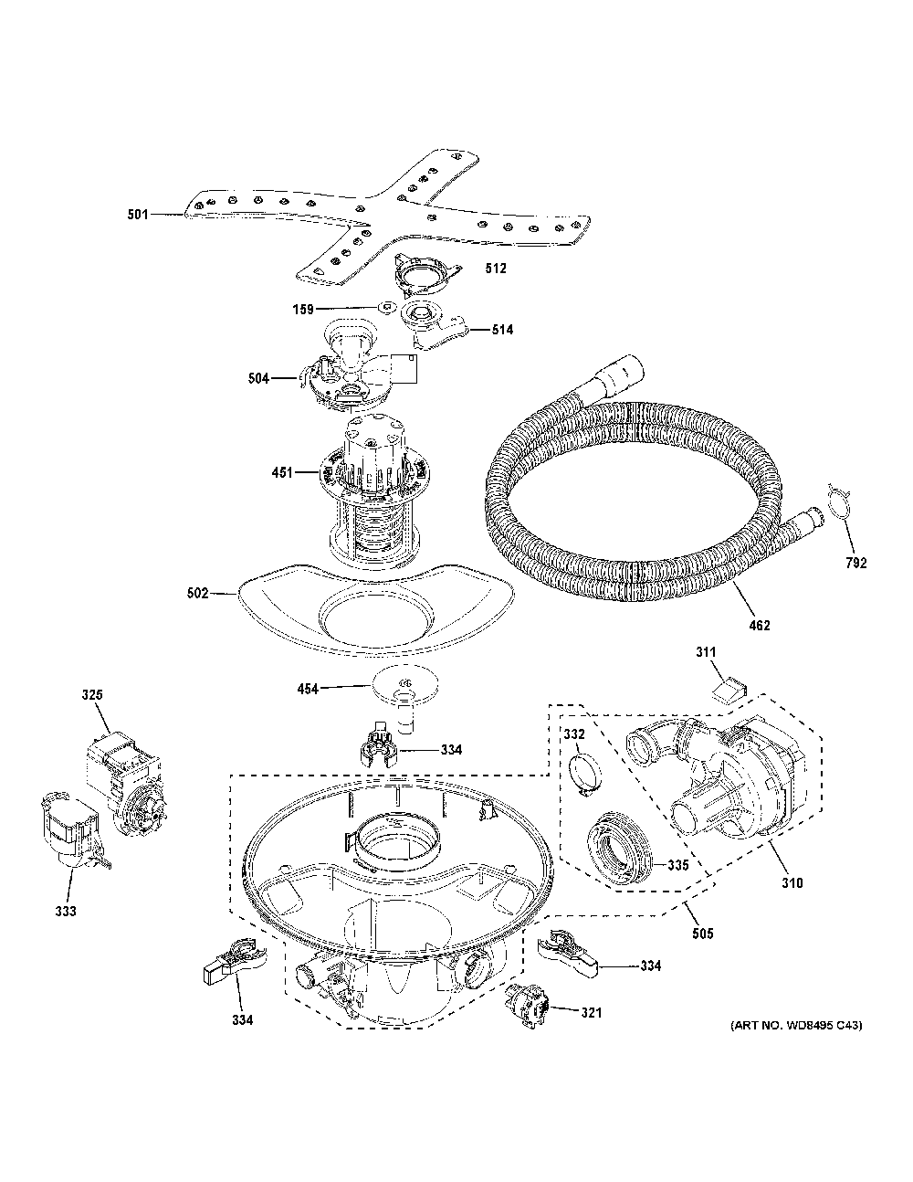 Motor, Sump And Filter Assembly Diagram and Parts List for CDT845M5N8S5  General Electric Dishwasher
