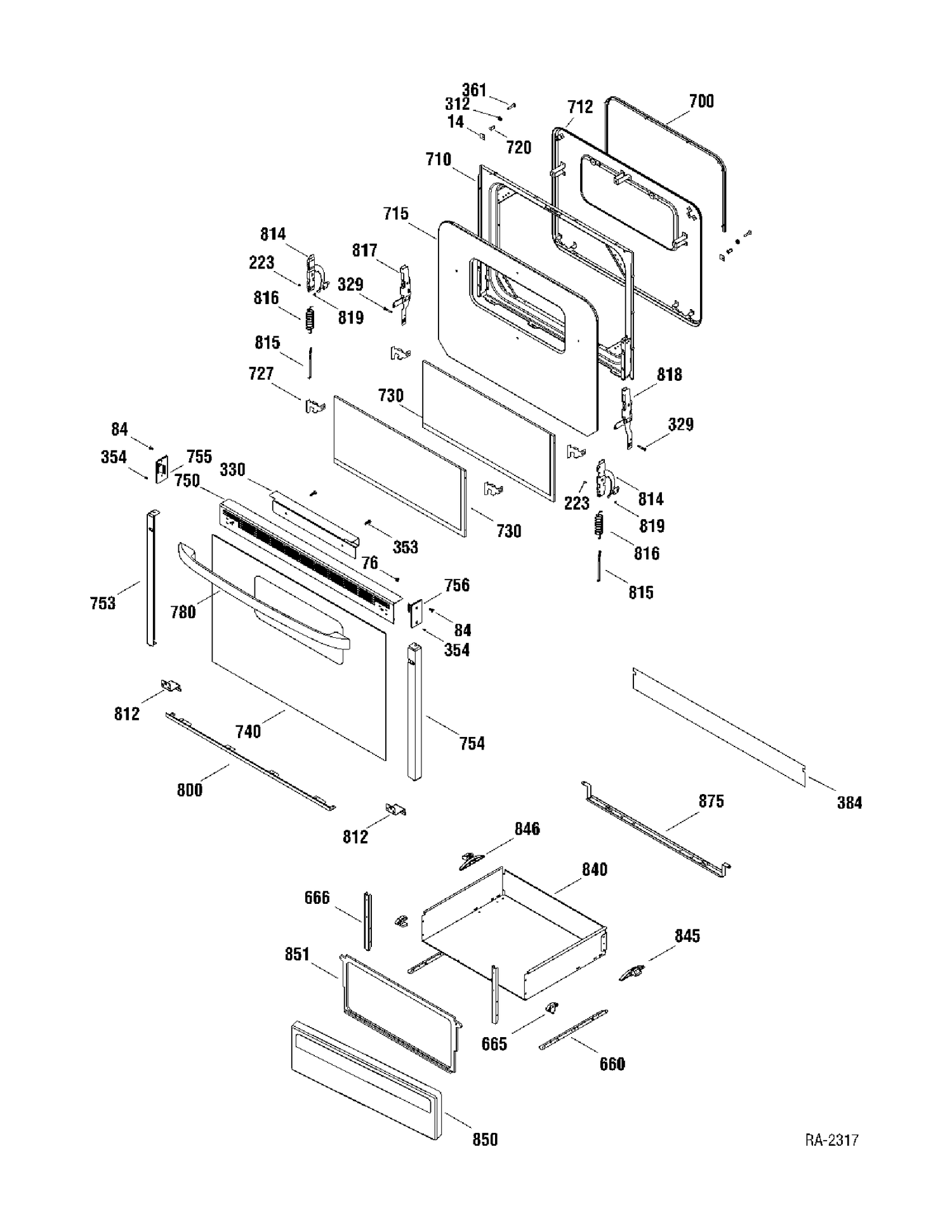 DOOR & DRAWER Diagram and Parts List for MCB757WK2WW  General Electric Range