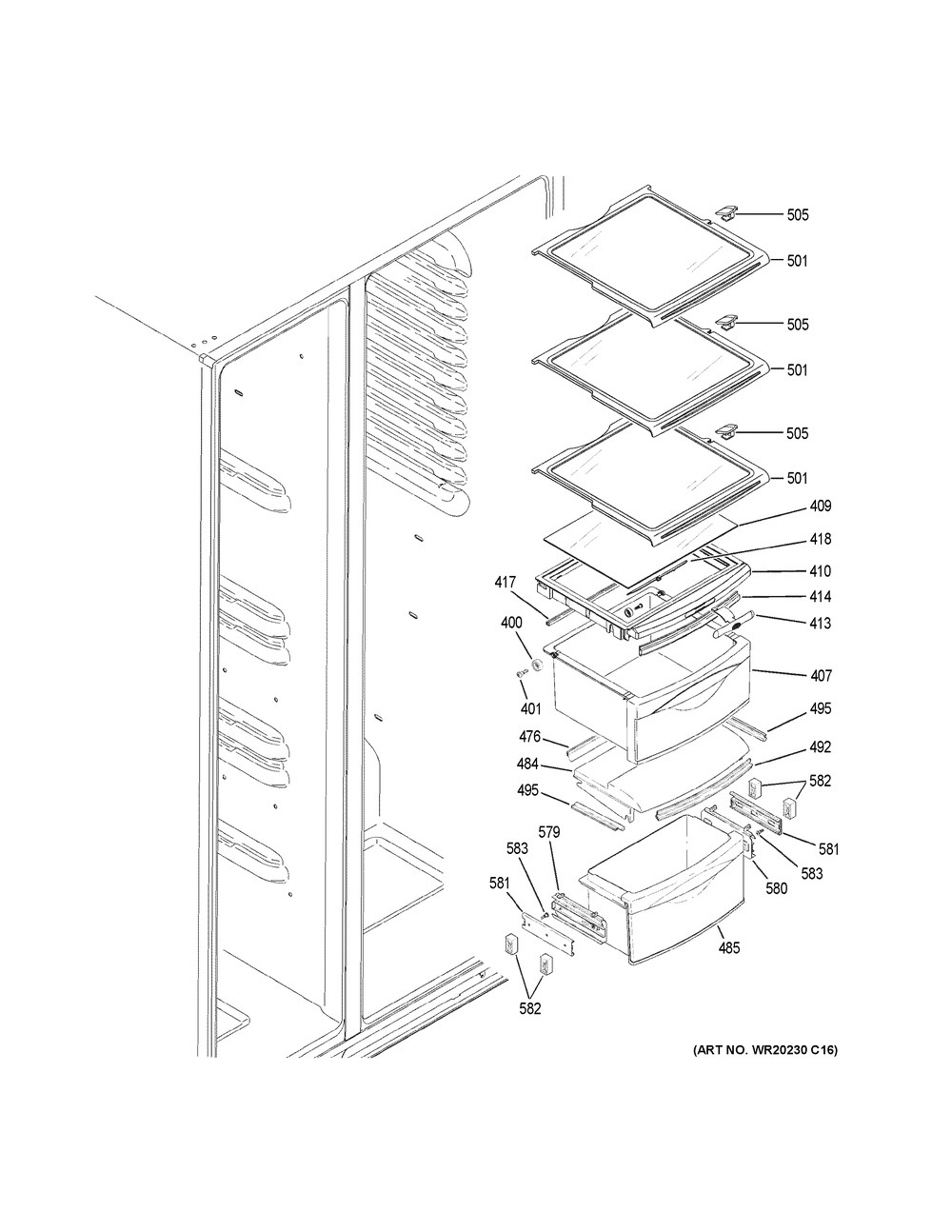 Fresh Food Shelves Diagram and Parts List for GZS22DGJPFWW  General Electric Refrigerator