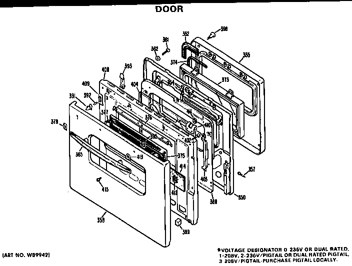 Door Diagram and Parts List for JKP36*D2  General Electric Microwave Oven Combo