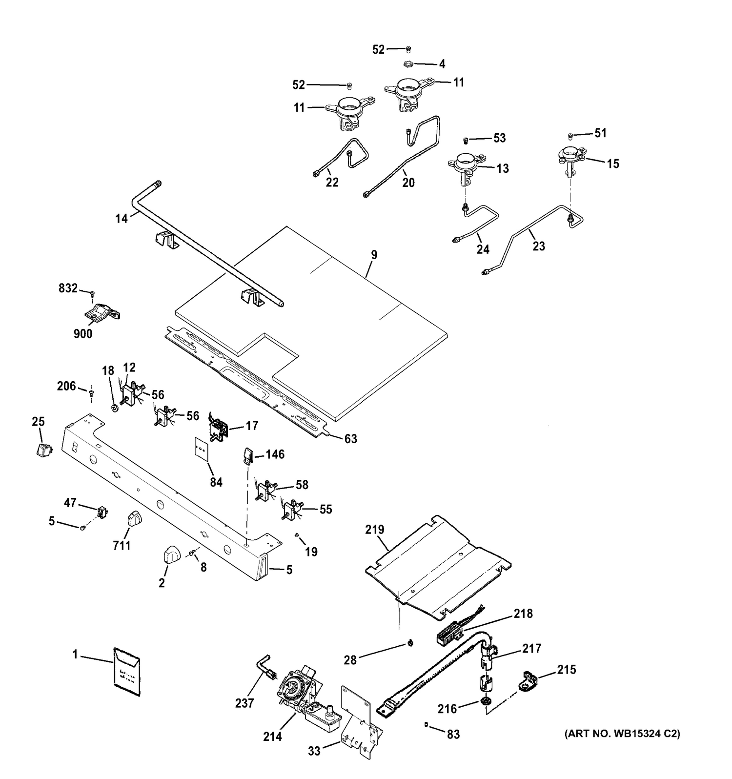 GAS & BURNER PARTS Diagram and Parts List for AGBS45DEF2WS  General Electric Range