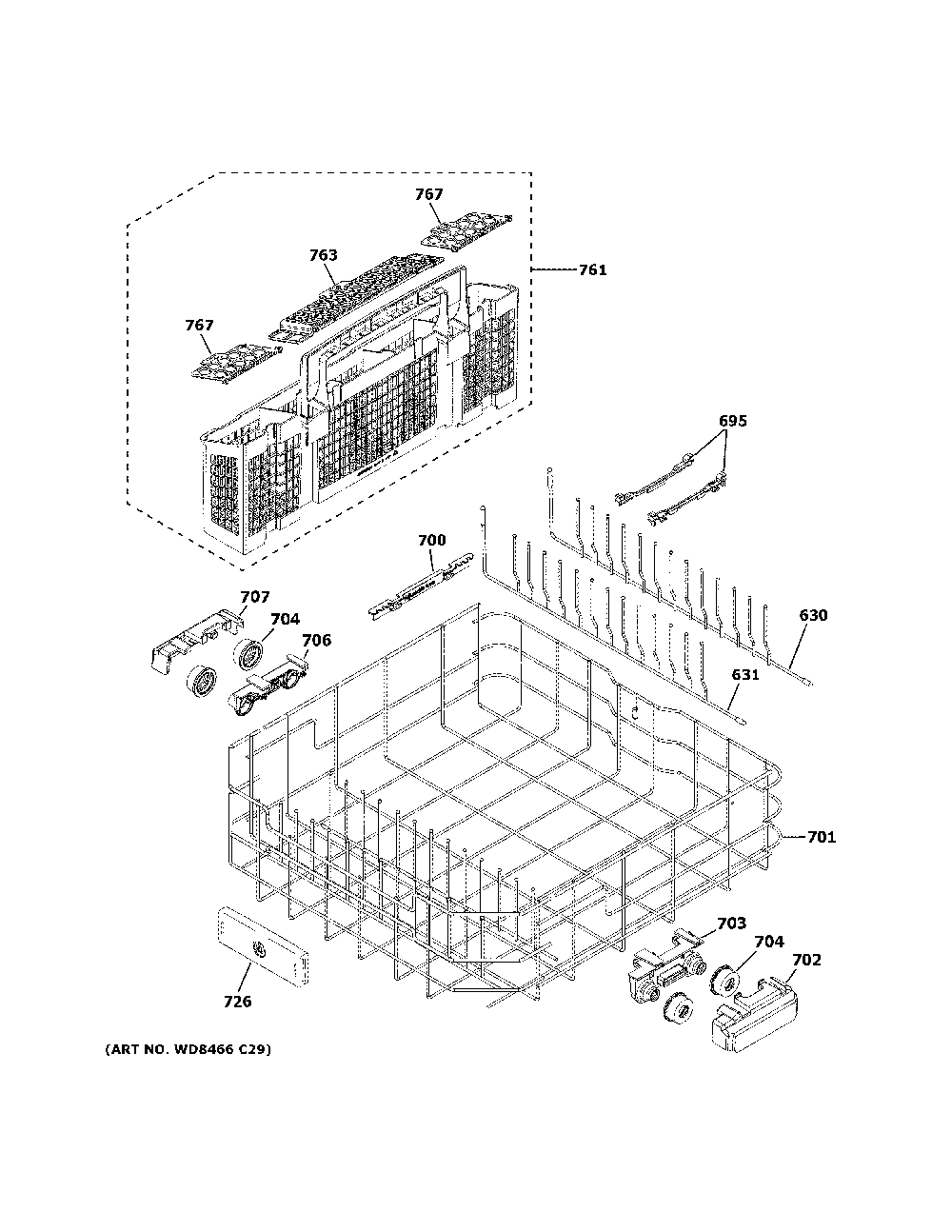Lower rack assembly Diagram and Parts List for GDT665SBN2TS  General Electric Dishwasher