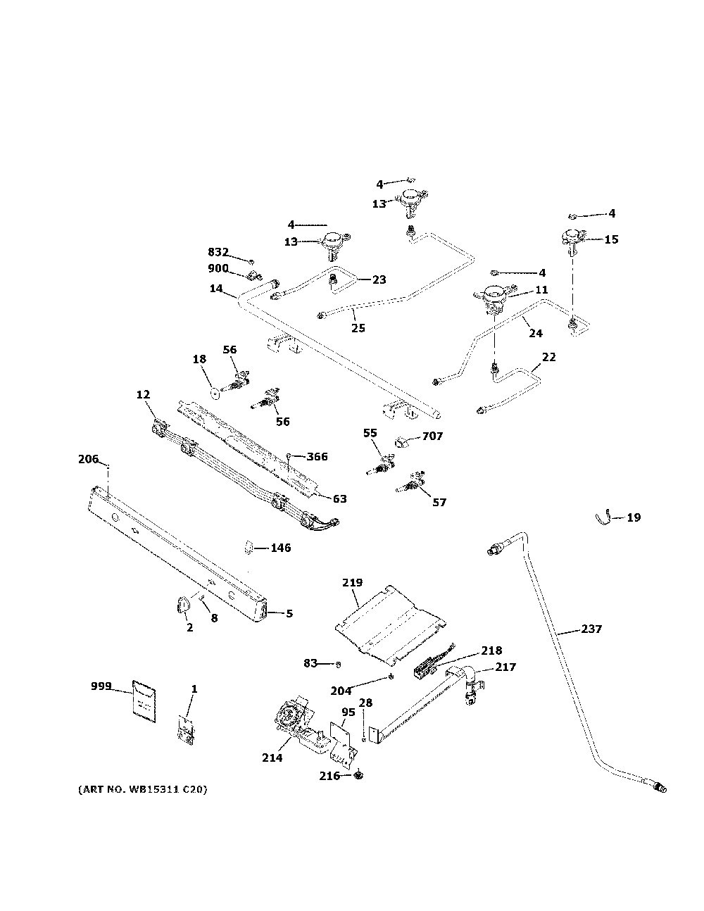 Gas & burner parts Diagram and Parts List for JGBS61DP1BB  General Electric Range
