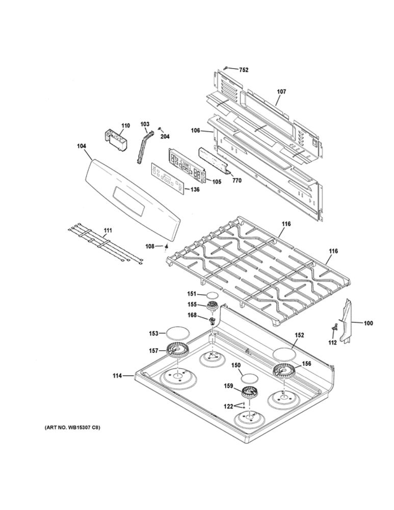 Control Panel And Cooktop Diagram and Parts List for JGB645DEK2WW  General Electric Range