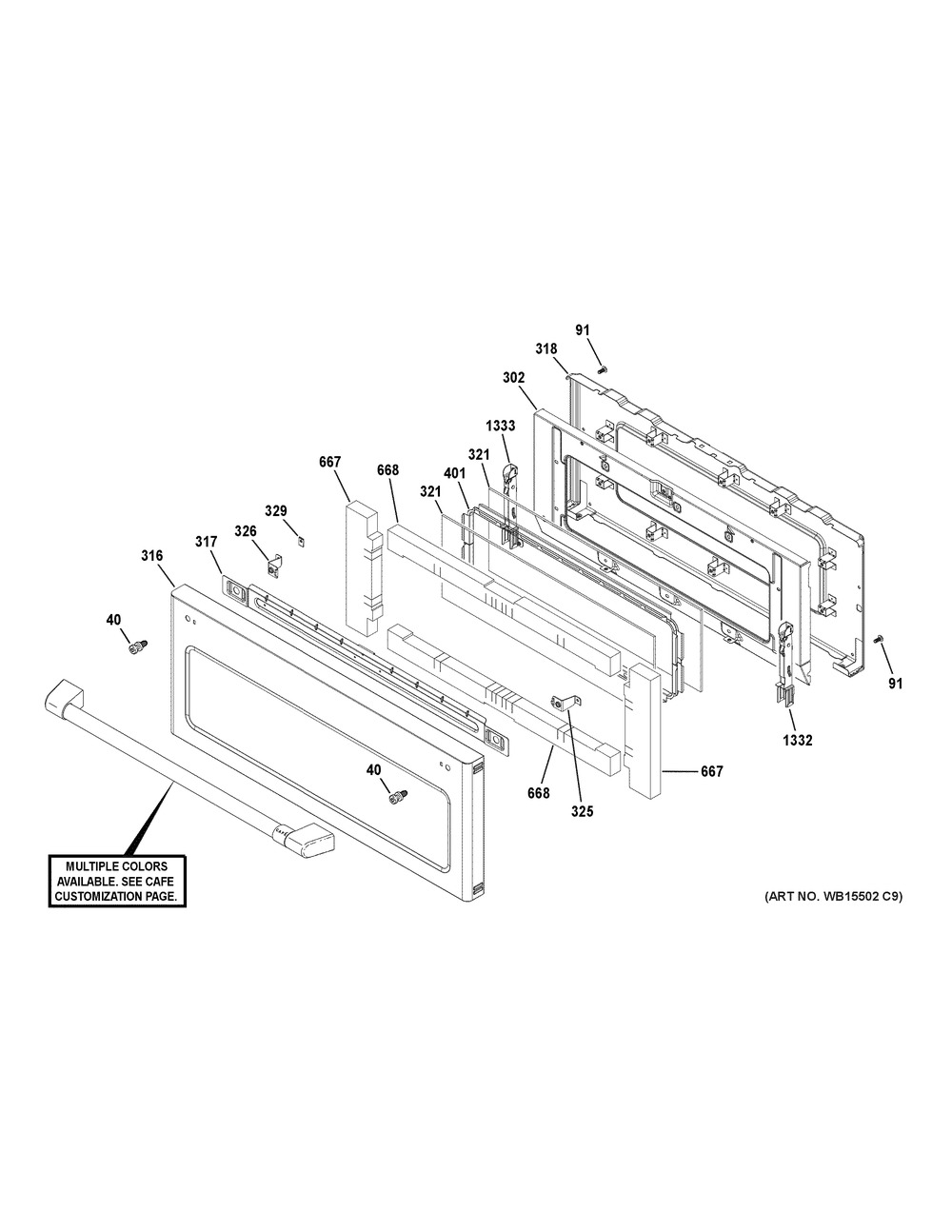 Upper Door Diagram and Parts List for C2S950P2M1S1  General Electric Range