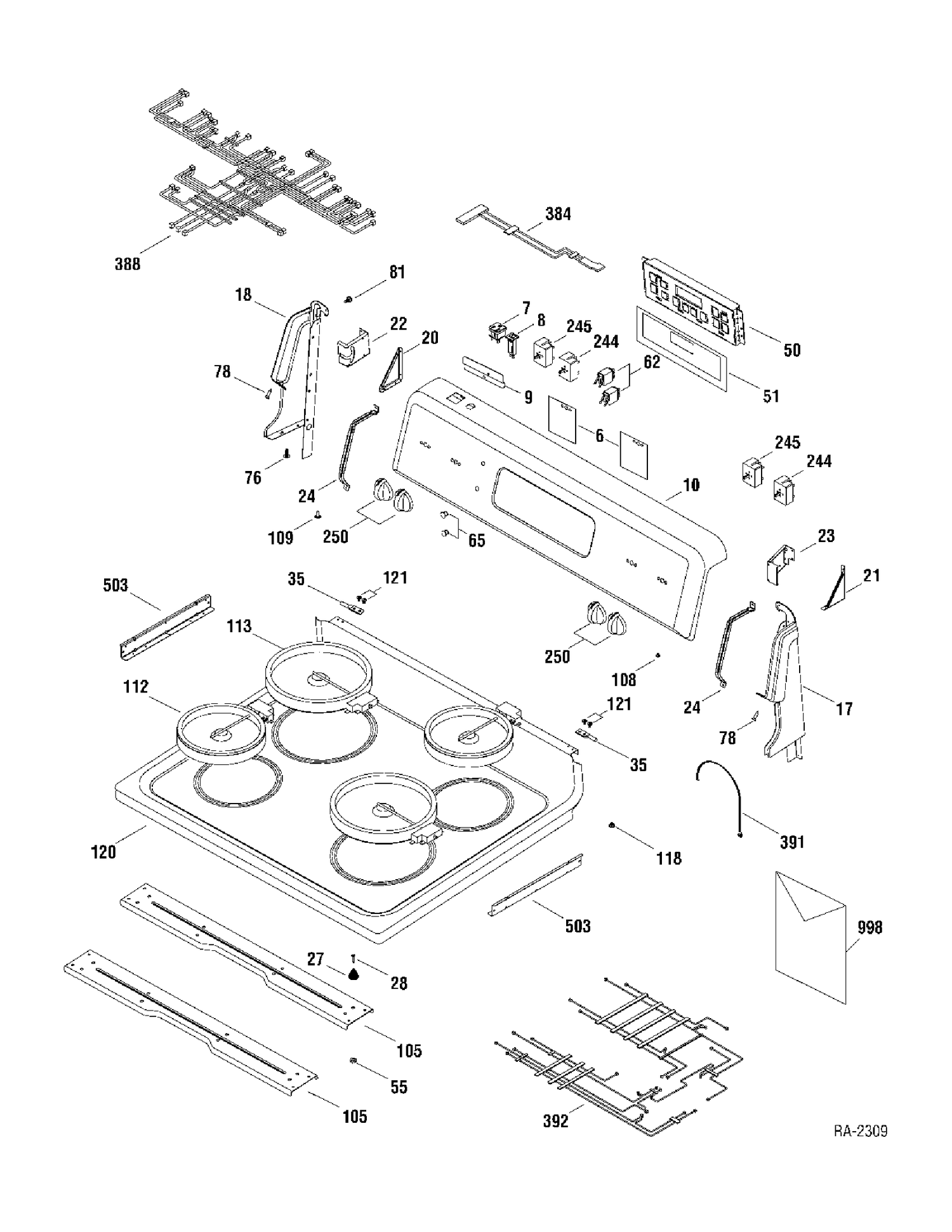 CONTROLS & COOKTOP Diagram and Parts List for JCBS63WK2WW  General Electric Range