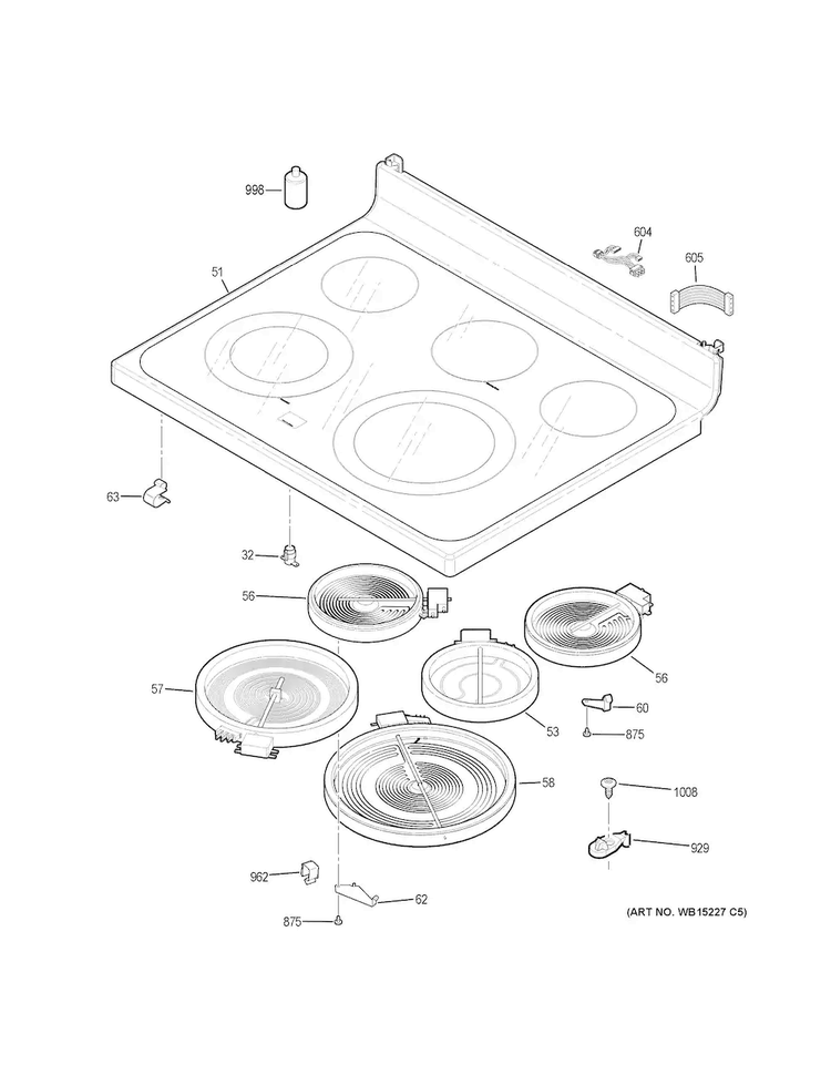 Cooktop Diagram and Parts List for JB750SJ1SS  General Electric Range