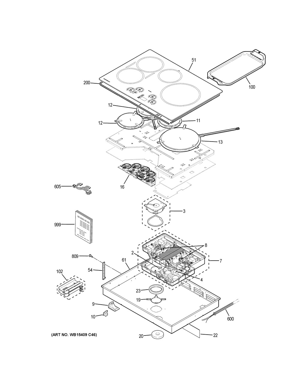 Control Panel & Cooktop Diagram and Parts List for ZHU30RDJ4BB  General Electric Cooktop
