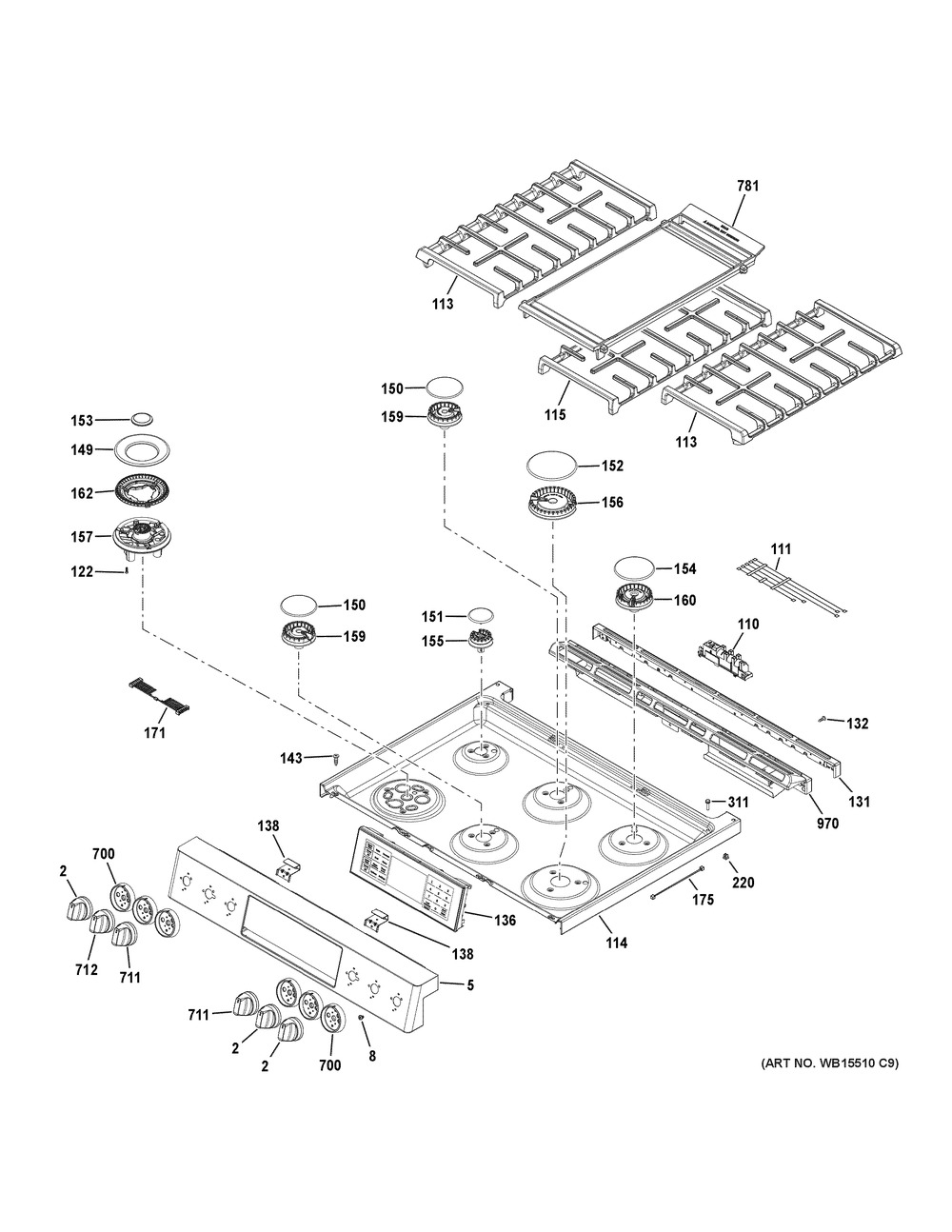 Control Panel & Cooktop Diagram and Parts List for CGS995SEL2SS  General Electric Range