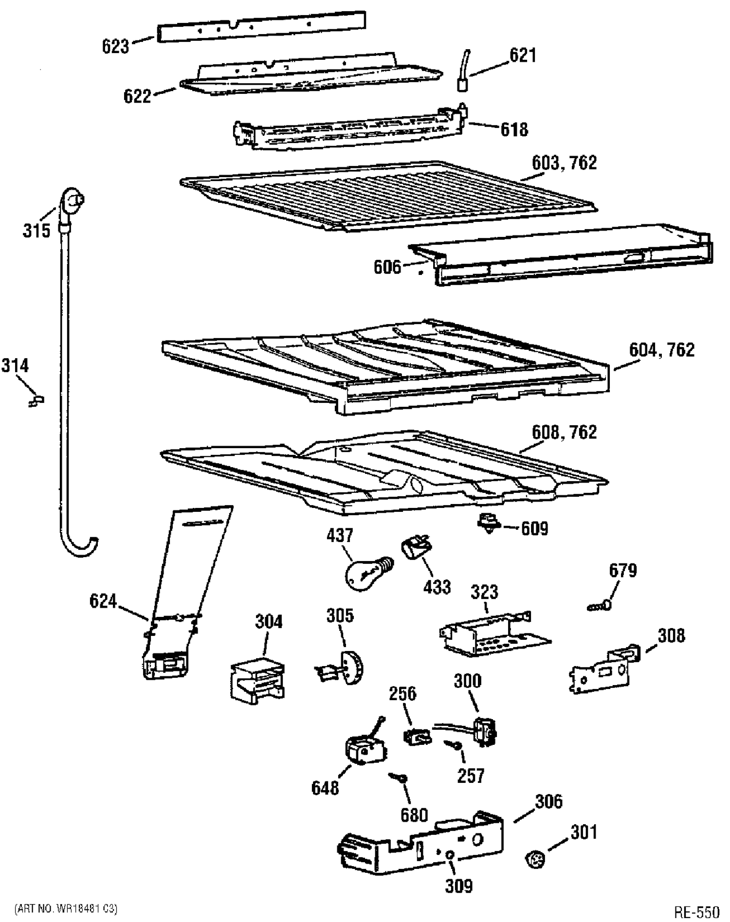 LIGHT SWITCHES & DRAIN FUNNEL Diagram and Parts List for TBX22PRBSRWW  General Electric Refrigerator