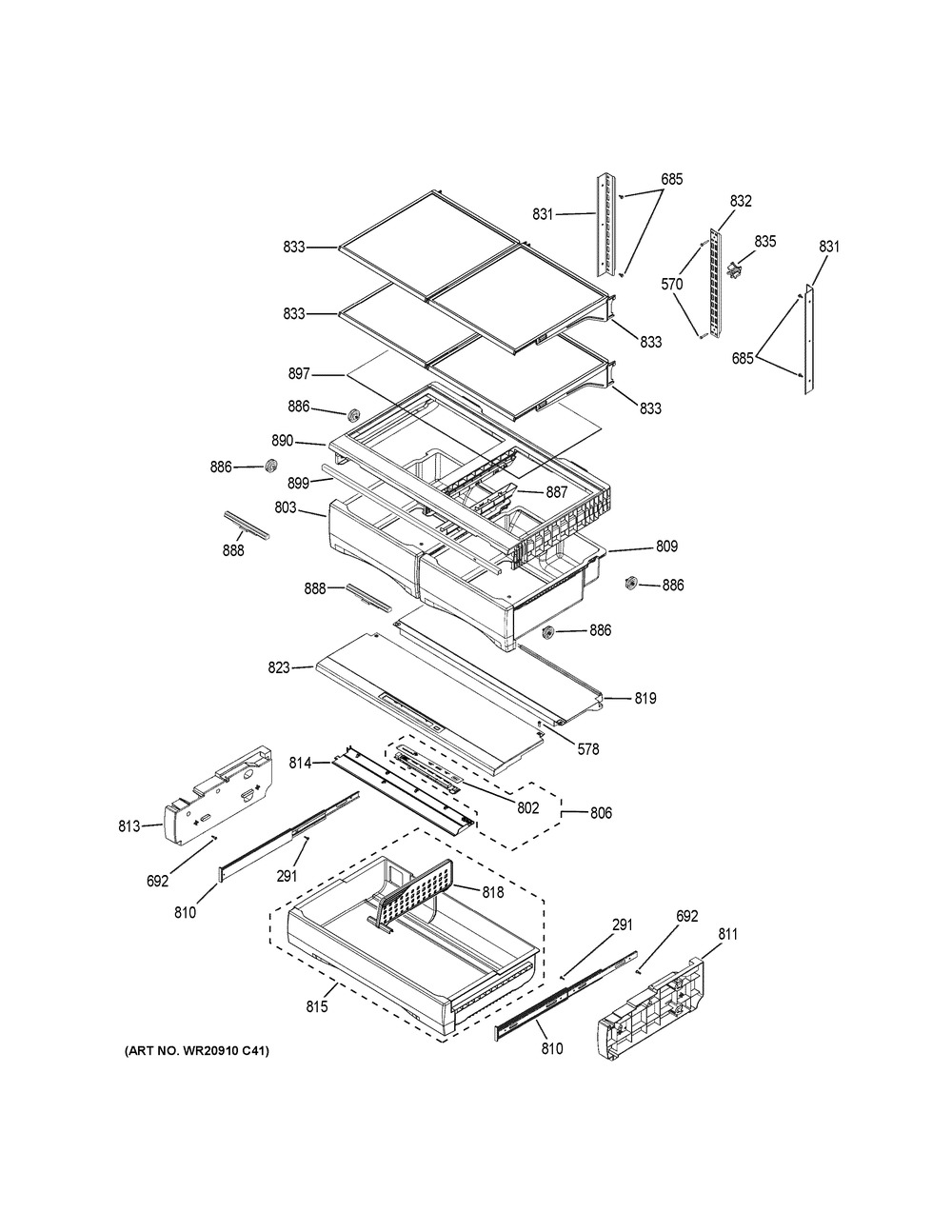 Fresh Food Shelves Diagram and Parts List for GFE28HMKGES  General Electric Refrigerator