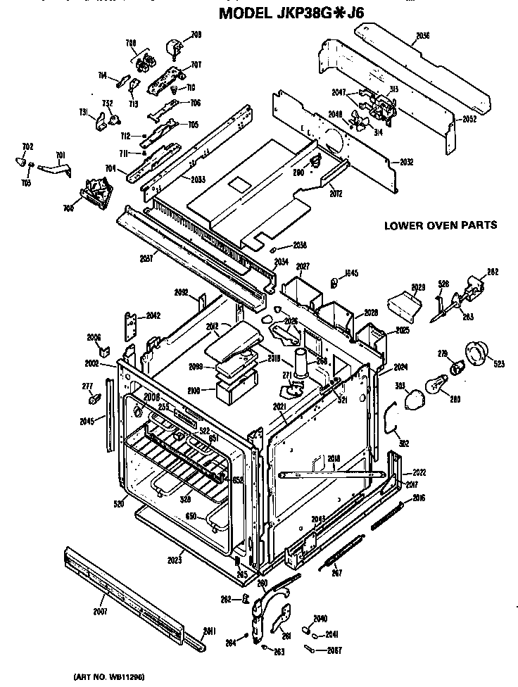 Lower Oven Diagram and Parts List for JKP38GJ6  General Electric Wall Oven