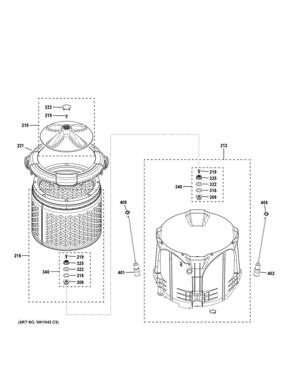 Tub And Basket Assembly Diagram and Parts List for GUD27EEPV0DG  General Electric Washer Dryer Combo