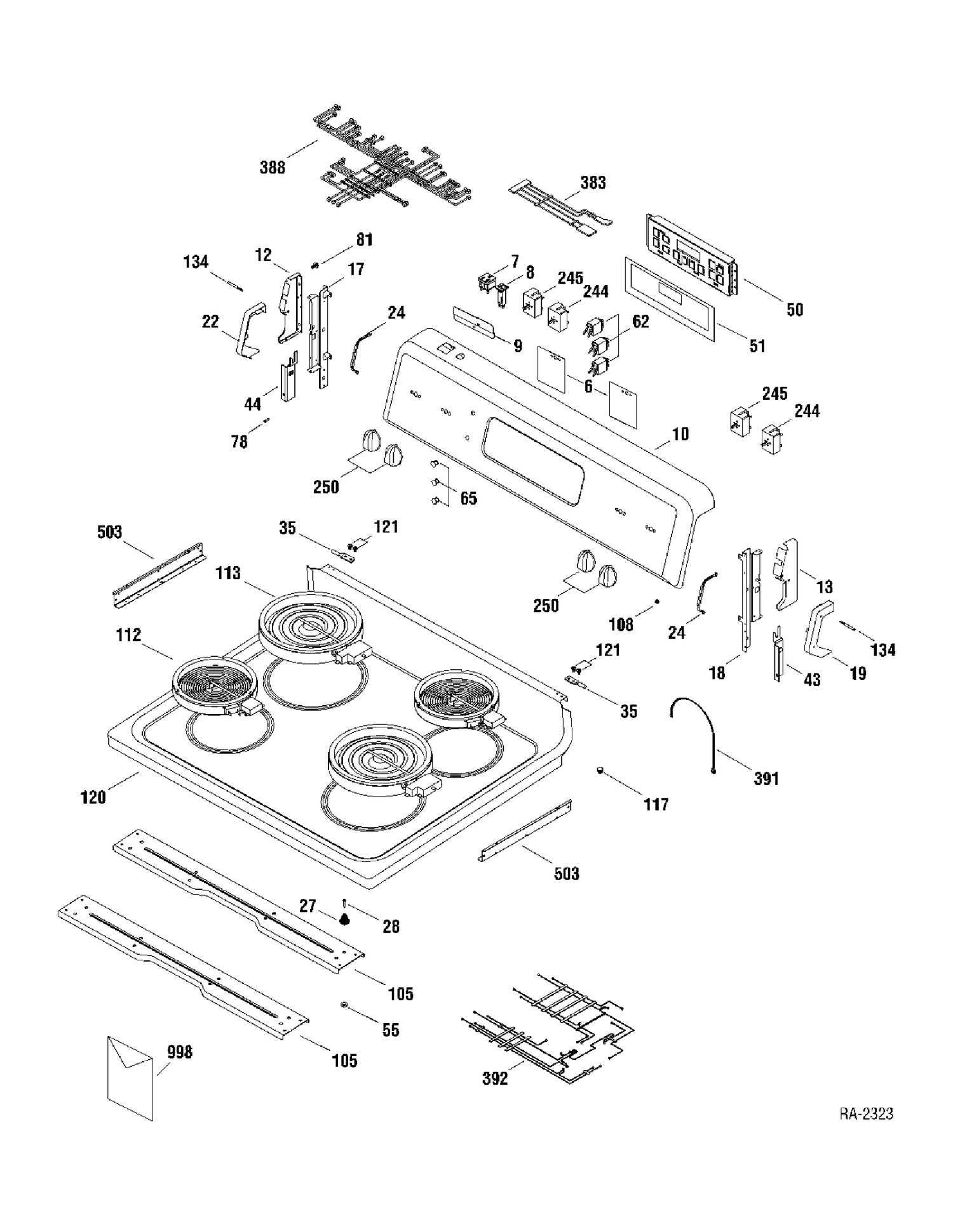CONTROLS & COOKTOP Diagram and Parts List for RCB787WJ5WW  General Electric Range