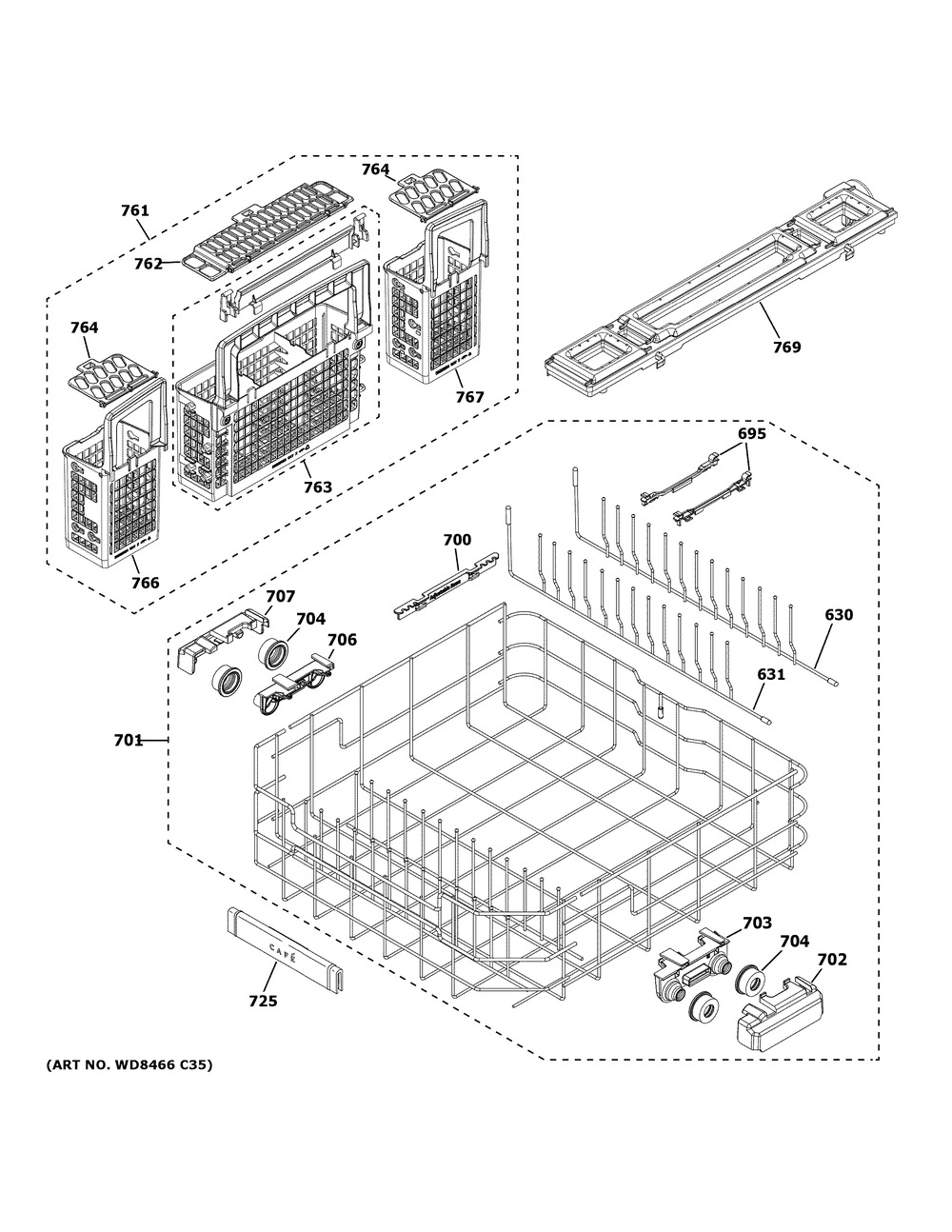 Lower Rack Assembly Diagram and Parts List for CDT875P3N0D1  General Electric Dishwasher