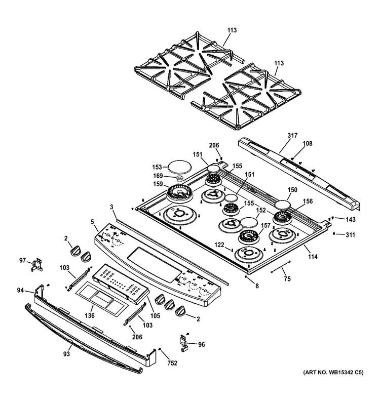 Control Panel & Cooktop Diagram and Parts List for JGS750DEF1BB  General Electric Range