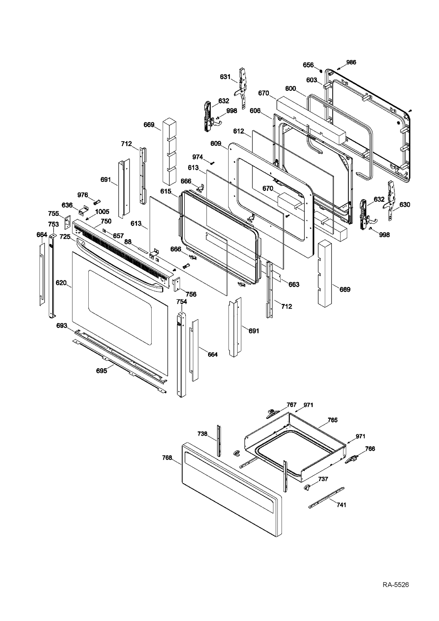 DOOR & DRAWER Diagram and Parts List for RCB757DN5WW  General Electric Range