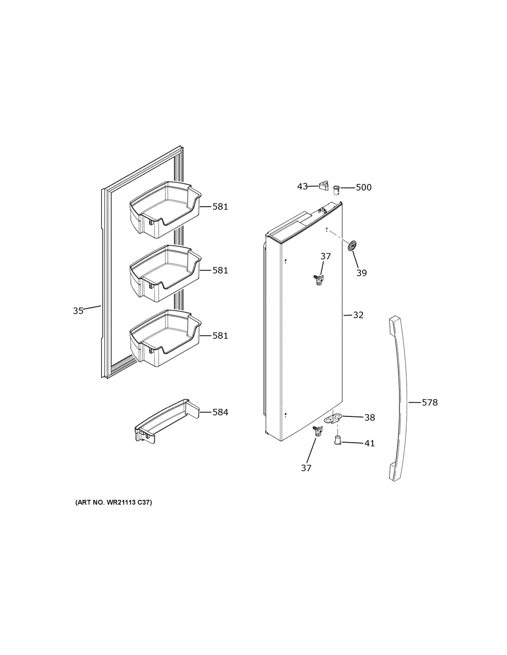Fresh Food Door - Rh Diagram and Parts List for GFE26JMMXFES  General Electric Refrigerator