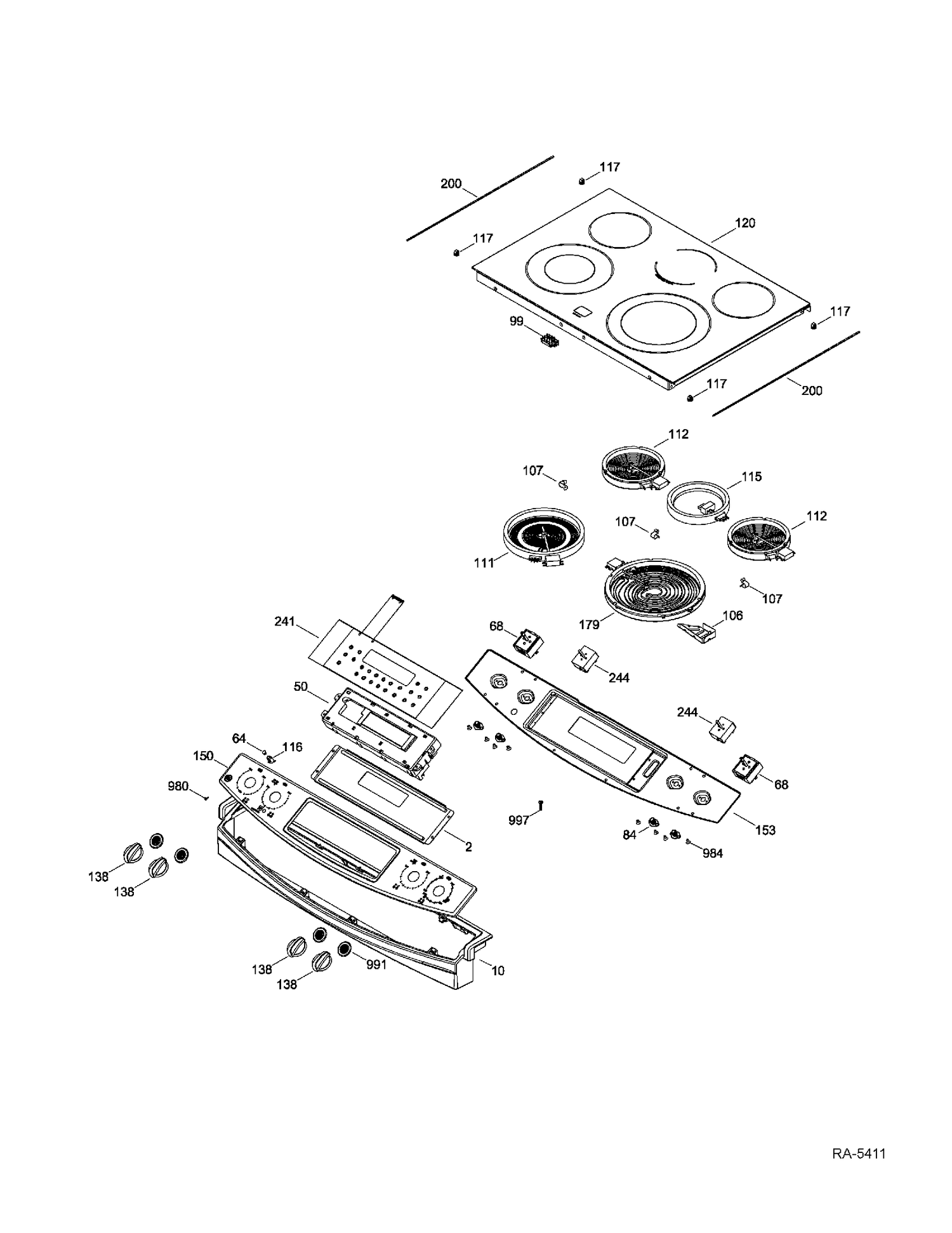 CONTROL PANEL & COOKTOP Diagram and Parts List for JCSP46SR3SS  General Electric Range