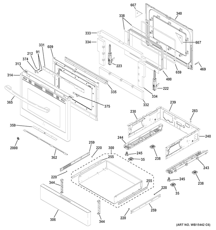 Door & Drawer Parts Diagram and Parts List for PGB911SEJ1SS  General Electric Range