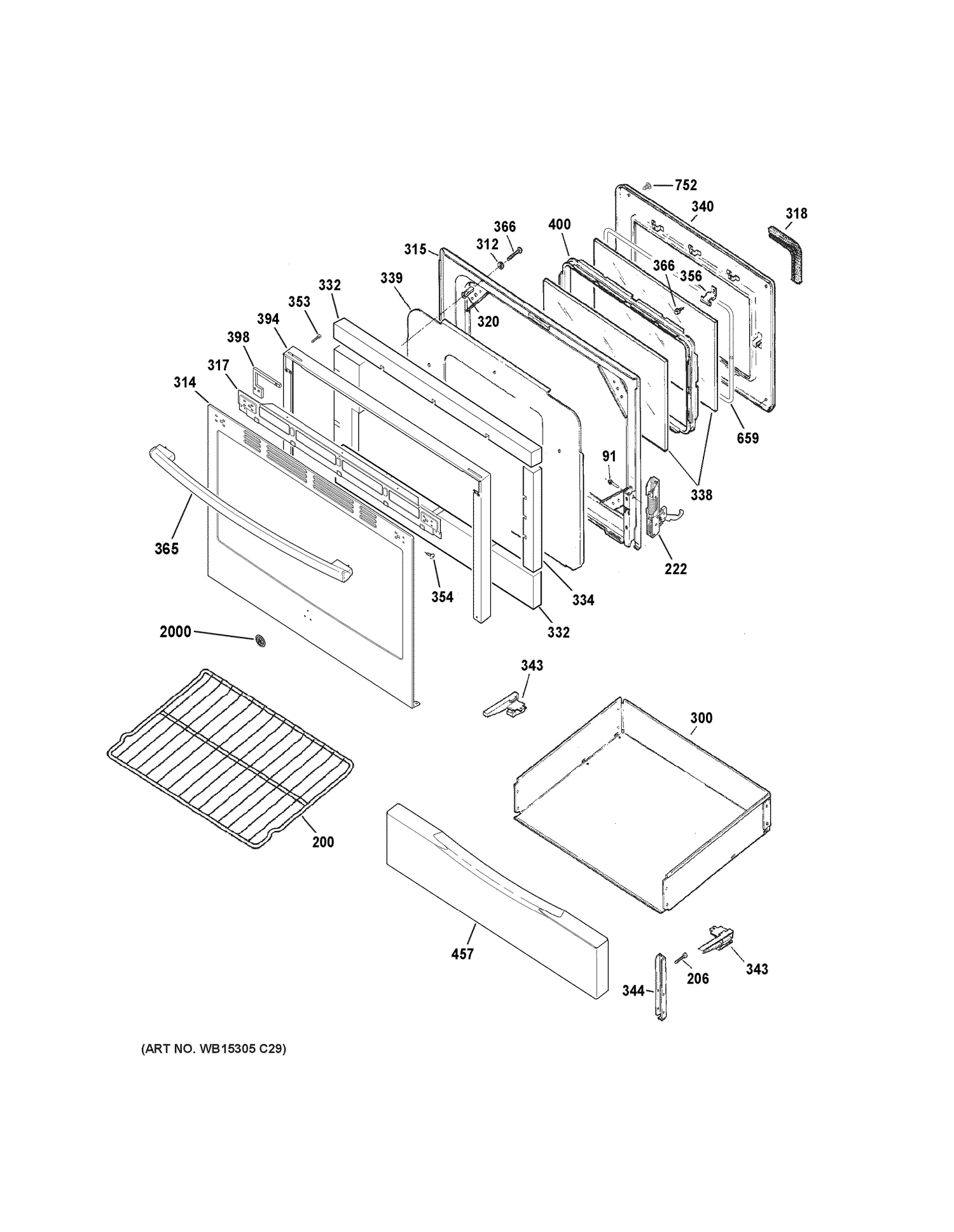 DOOR & DRAWER PARTS Diagram and Parts List for JB255GJ3SA  General Electric Range