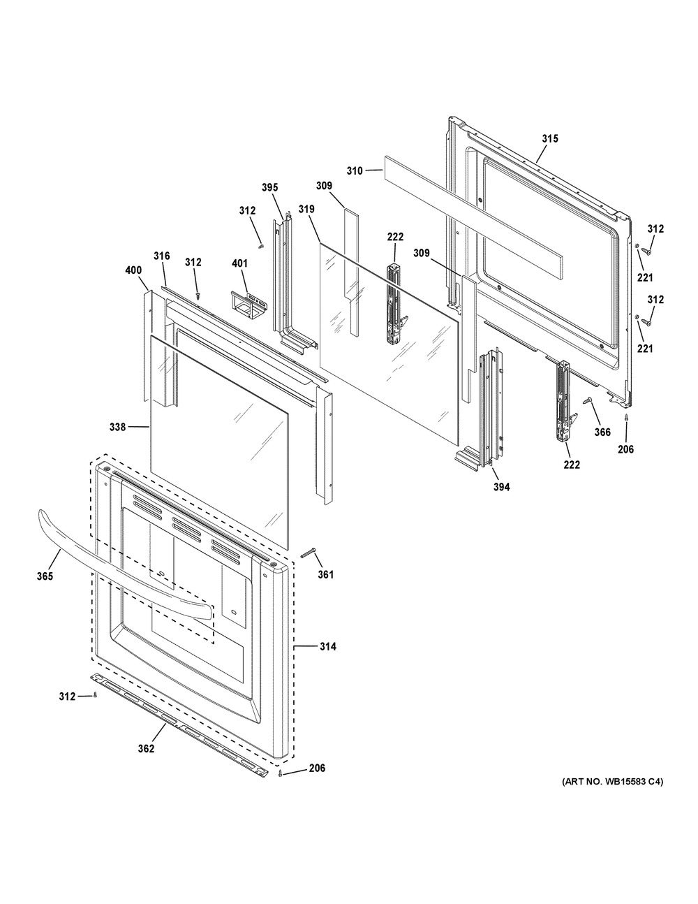 Door Parts Diagram and Parts List for RAS240DM2WW  General Electric Range