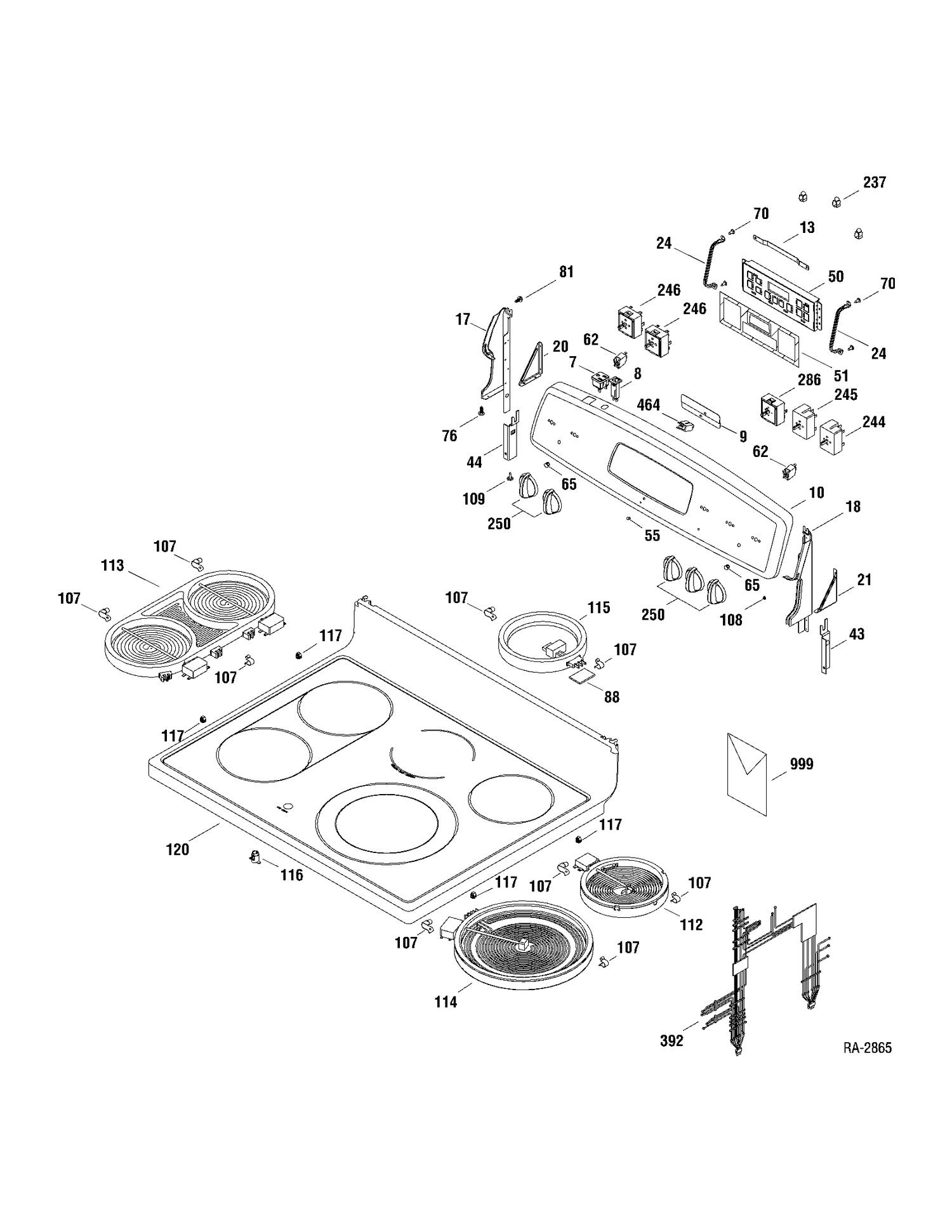 CONTROLS & COOKTOP Diagram and Parts List for ECBP82SP1SS  General Electric Range