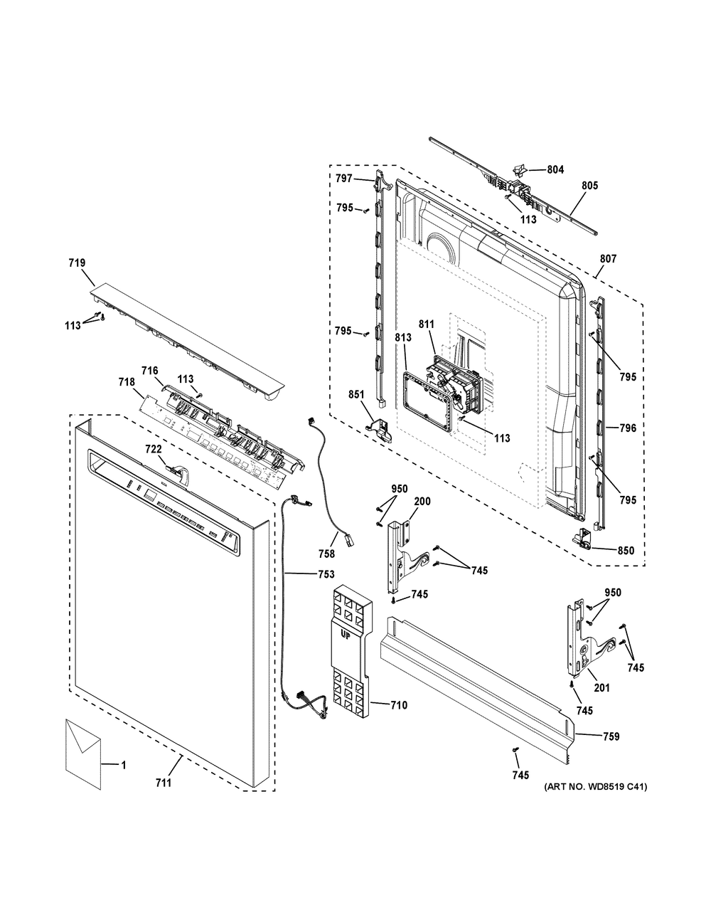 Escutcheon And Door Assembly Diagram and Parts List for GDF670SYV3FS  General Electric Dishwasher