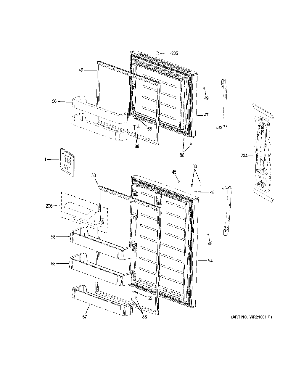 Doors Diagram and Parts List for GIE21GSHFSS  General Electric Refrigerator