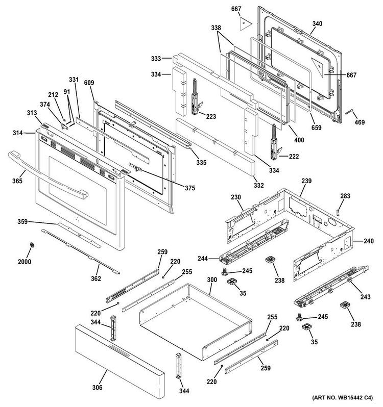 Door & Drawer Parts Diagram and Parts List for PGB911ZEJ2SS  General Electric Range