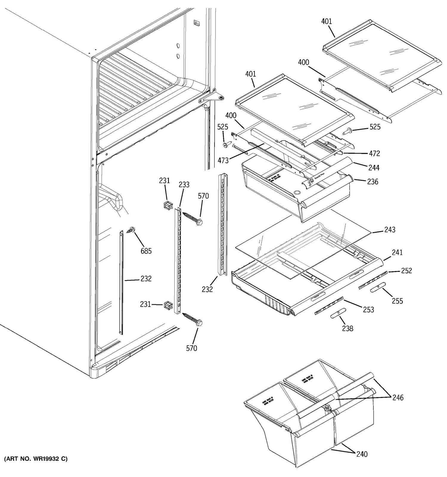 FRESH FOOD SHELVES Diagram and Parts List for 38485KBRTRBB  General Electric Refrigerator