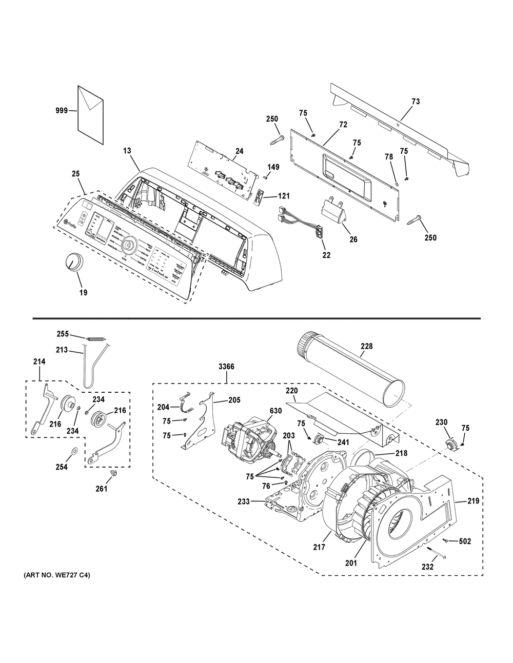 Backsplash, Blower And Motor Assembly Diagram and Parts List for PTD90EBPT2DG  General Electric Dryer