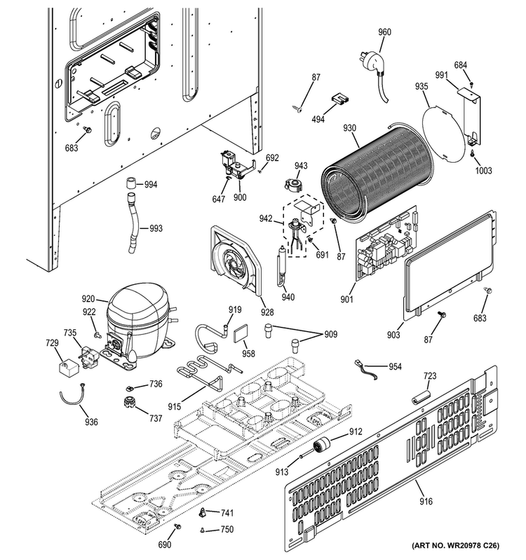 Machine Compartment Diagram and Parts List for GFE26GGHFBB  General Electric Refrigerator