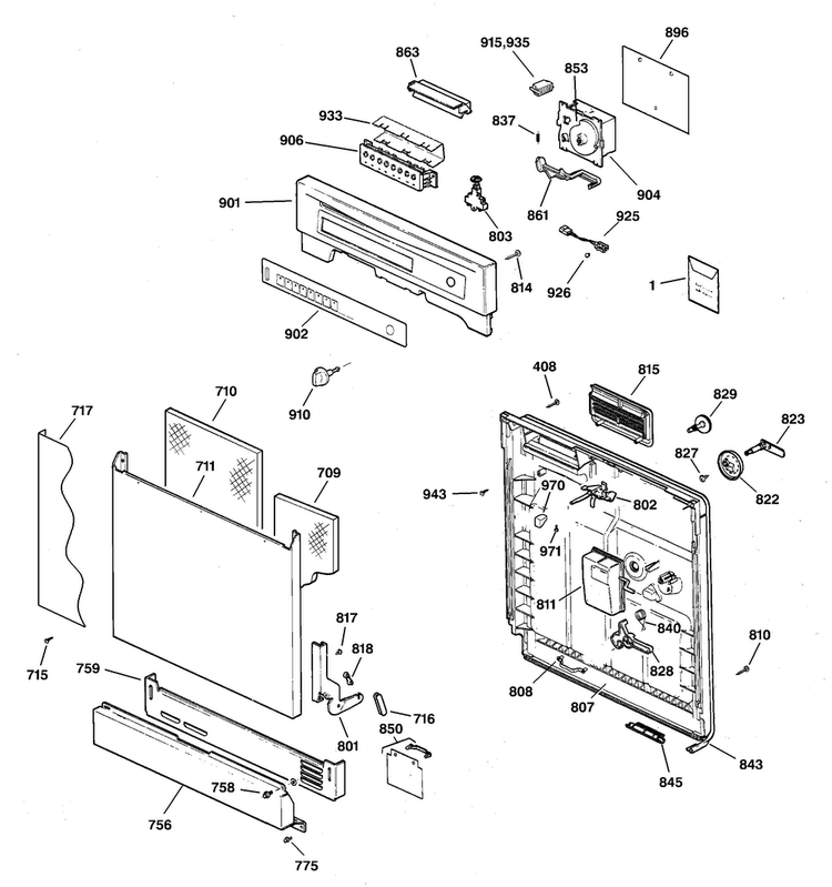 Escutcheon & Door Assembly Diagram and Parts List for GSD4060J20SS  General Electric Dishwasher