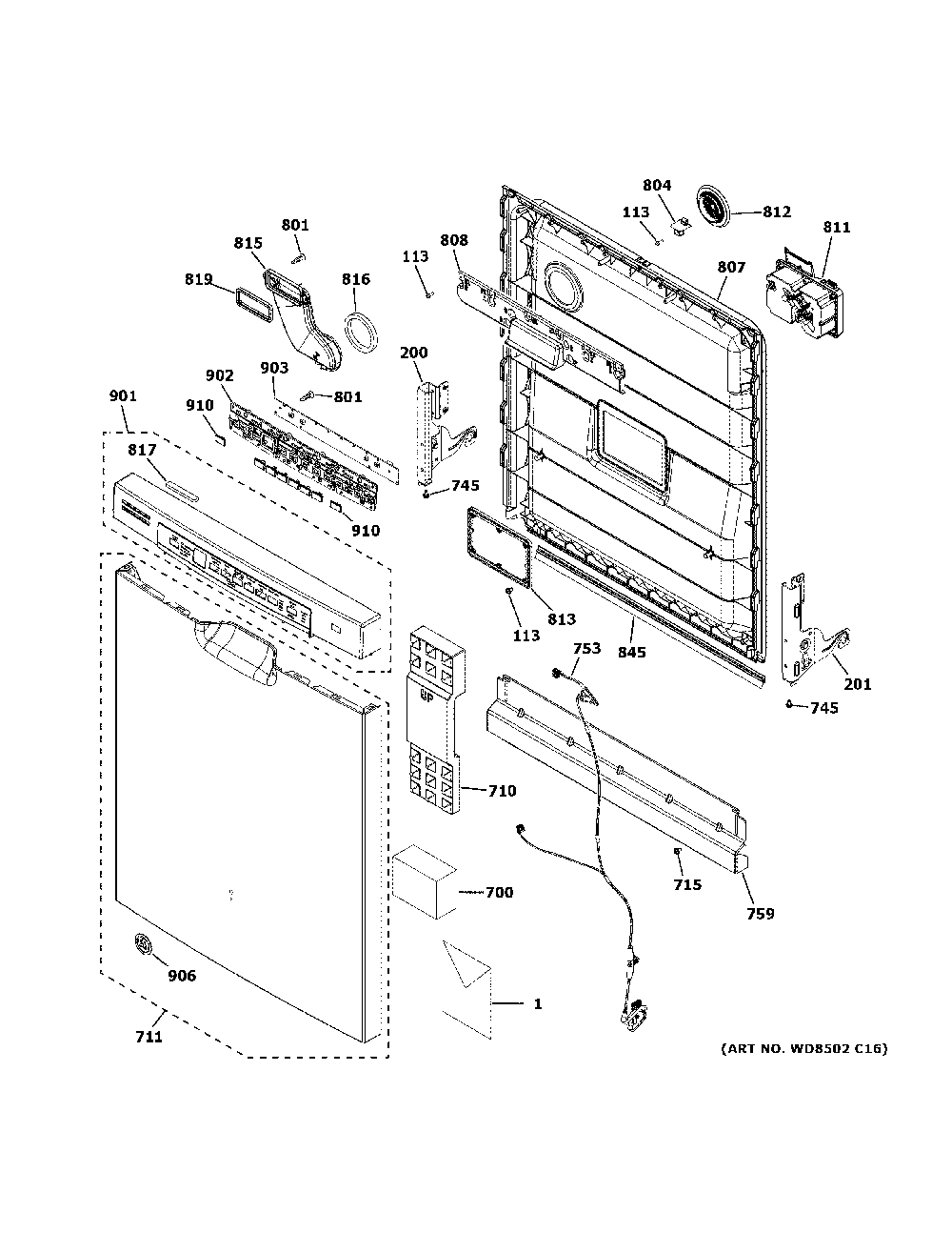 Escutcheon And Door Assembly Diagram and Parts List for GDF630PGM6BB  General Electric Dishwasher
