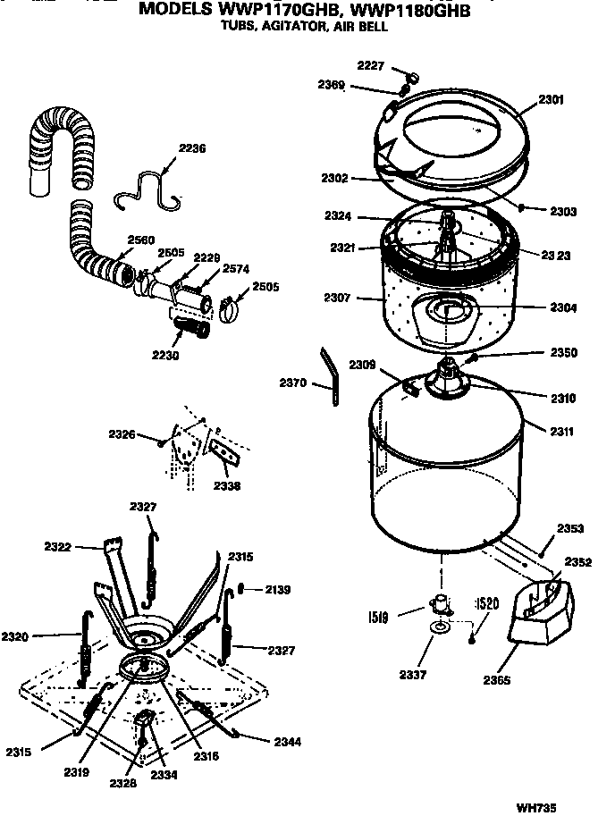 Tubs, Agitator And Air Bell Diagram and Parts List for WWP1170GHB  General Electric Washer