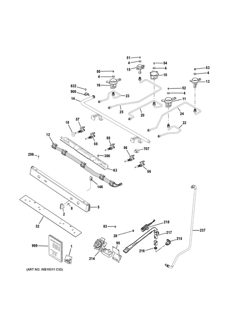Gas And Burner Parts Diagram and Parts List for JGBS66REK2SS  General Electric Range