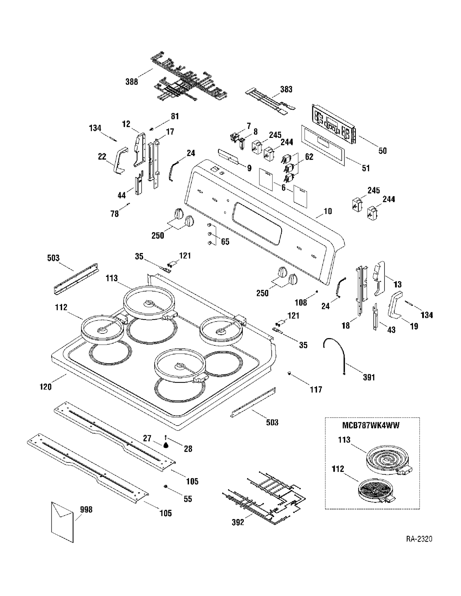 CONTROLS AND COOKTOP Diagram and Parts List for MCB787WK2WW  General Electric Range