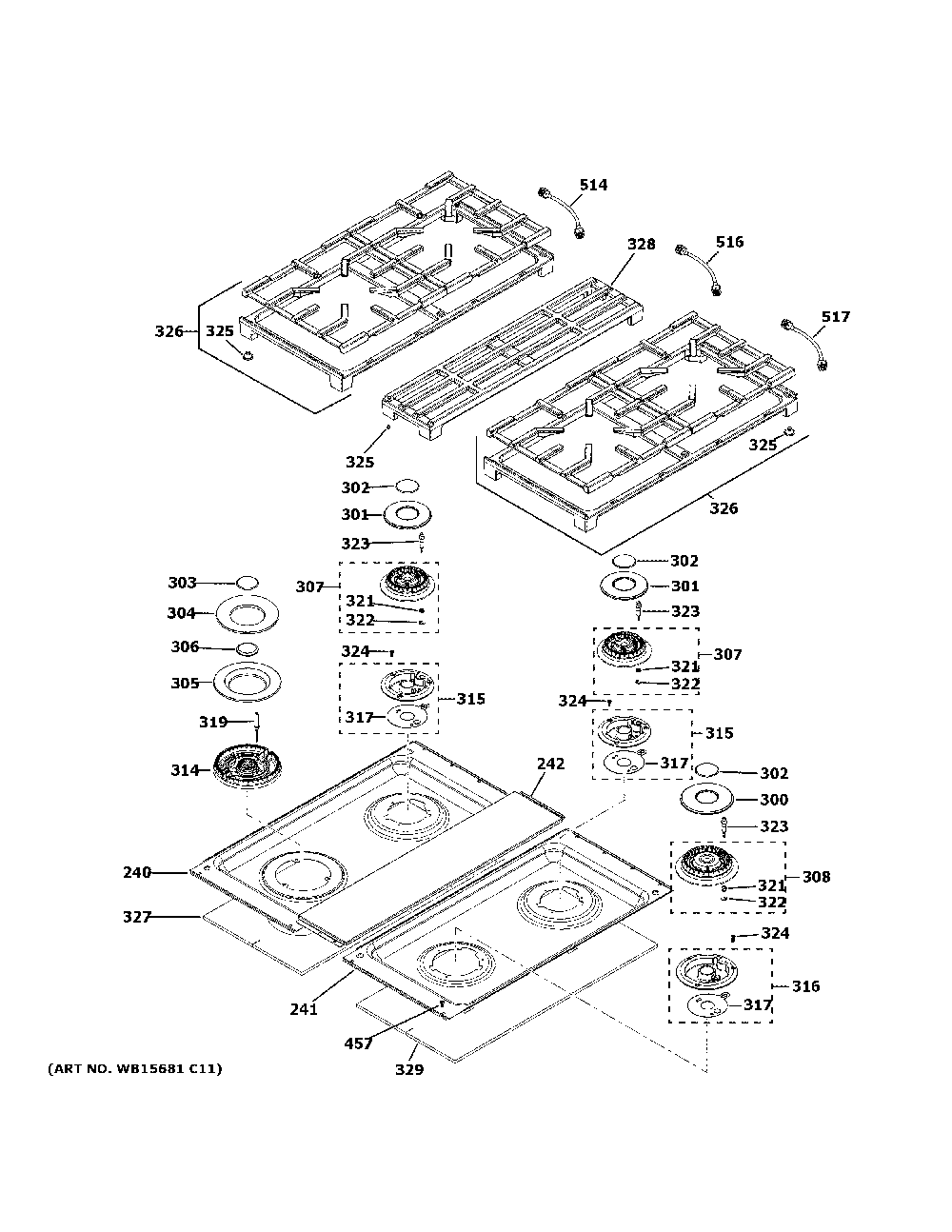 Cooktop Diagram and Parts List for ZGP304NT1SS  General Electric Range
