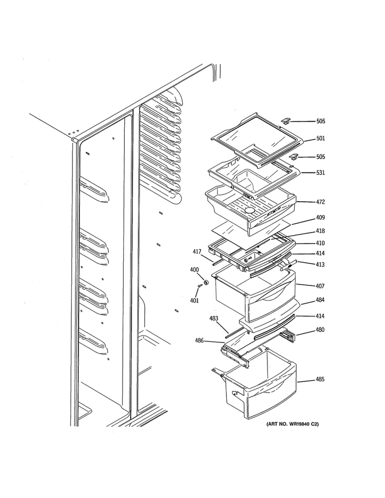 Refrigerator Shelves Diagram and Parts List for GSE26HMECHES  General Electric Refrigerator