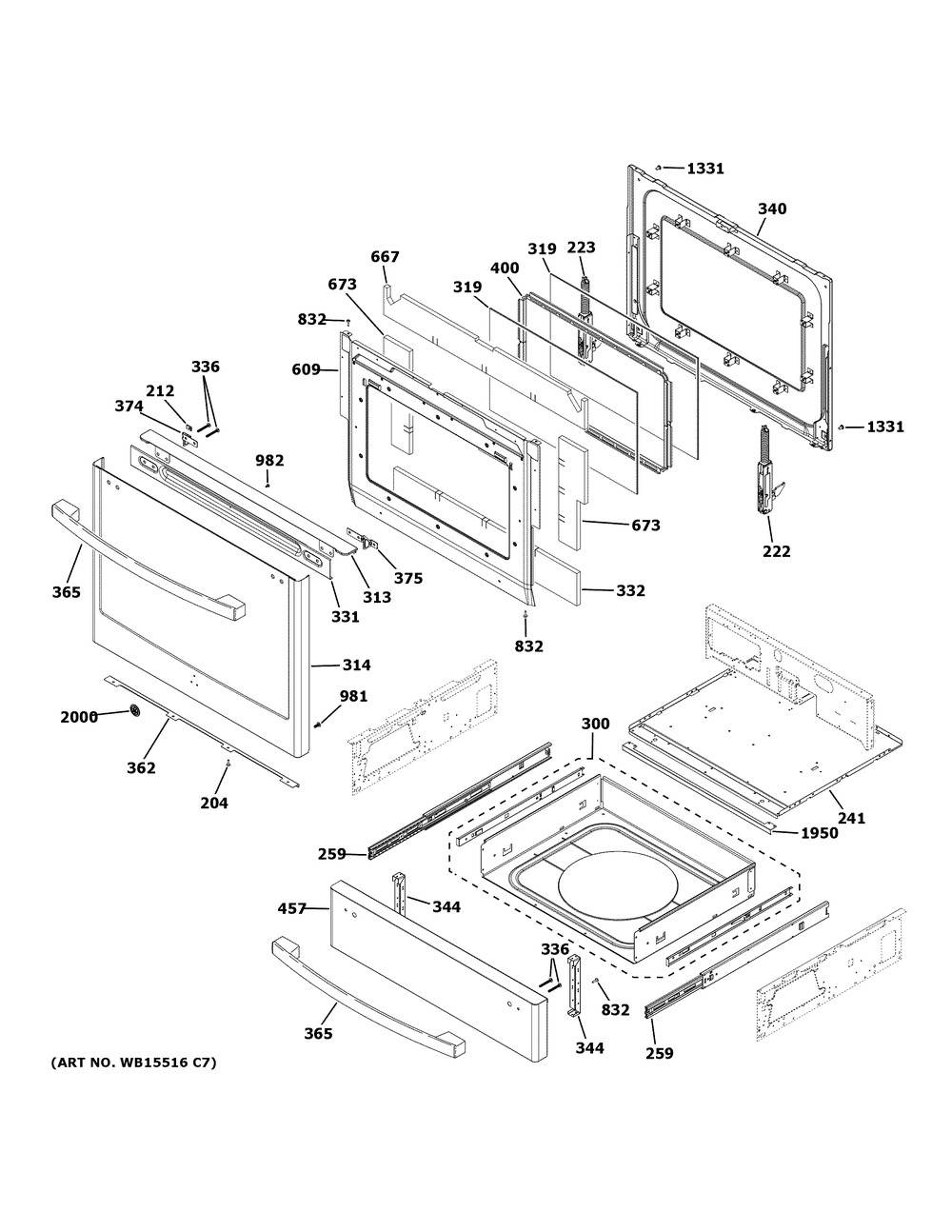 Door And Drawer Parts Diagram and Parts List for JGS760BP1TS  General Electric Range